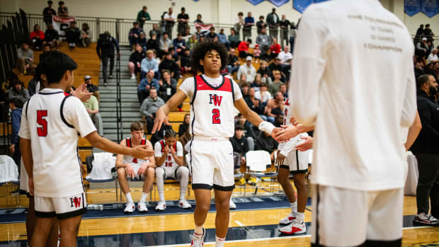 Harvard-Westlake guard Robert Hinton during starting lineup announcements at the Les Schwab Invitational on Dec. 27, 2023.